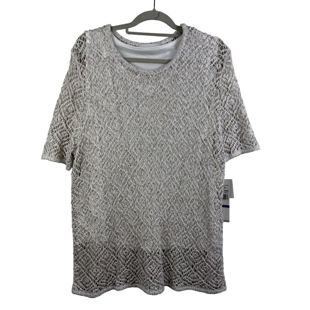Alfred Dunner NWT Open Knit Tunic Sweater XL Lined Short Sleeved Metallic Resort